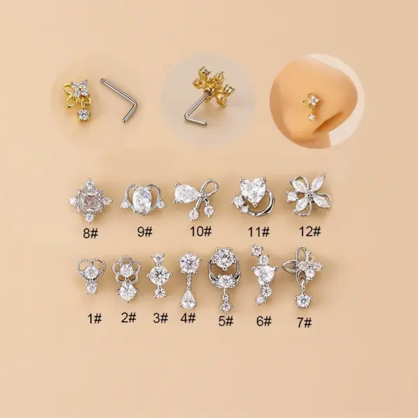 1 Piece 316L Stainless Steel Copper Zircon Nose Rings & Studs Flower Bow Knot Waterproof Non Tarnish Surgical Steel Women'S Unisex