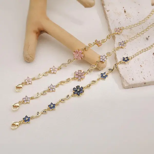 Wholesale Luxurious Copper Embedded Colorful Diamond Five-Petal Flower Branch Leaf Bracelet Creative Versatile Elegant Jewelry Accessory