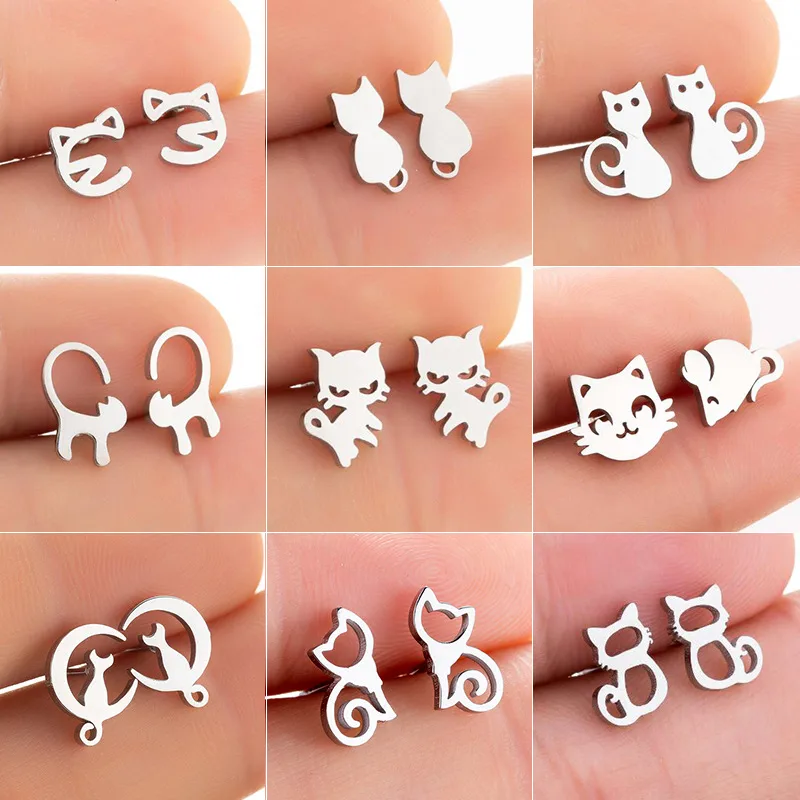 Wholesale PVD Coated 18K Gold Real Gold Plated Cat 304 Stainless Steel Cute Waterproof Non Tarnish Ear Studs