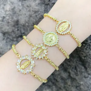 Wholesale Retro Round Virgin Mary Copper 18k Gold Plated Zircon Bracelets In Bulk