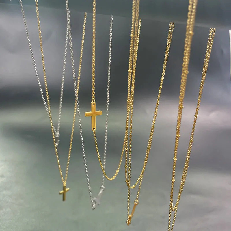 Wholesale 304 Stainless Steel Casual Simple Style Cross Double Layer Necklaces Pendant Necklace