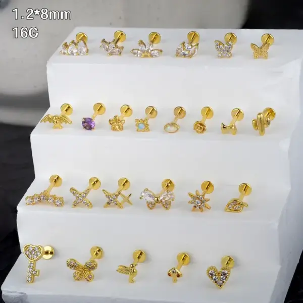 Fashionable Stainless Steel 316L Heart Shaped Earring Studs Flat Bottom With Internal And External Thread Zirconia Lip Pins