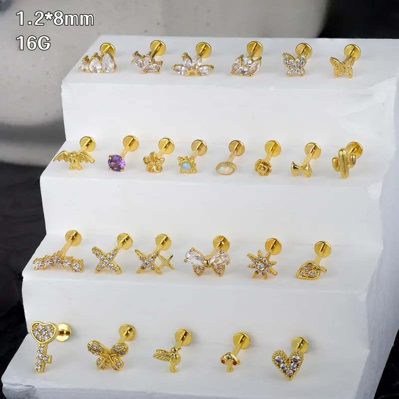 Wholesale Fashionable Stainless Steel 316L Heart Shaped Earring Studs Flat Bottom With Internal And External Thread Zirconia Lip Pins