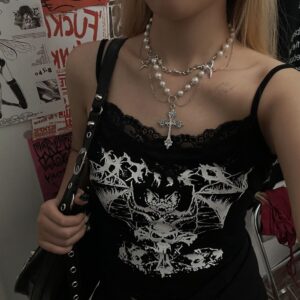 Double layer pearl tassel cross necklace x4172