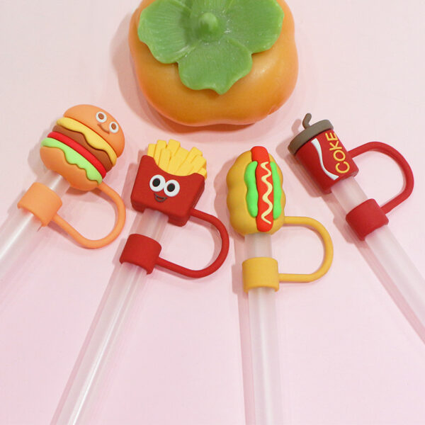 Wholesale Cartoon Soft Plastic Gourmet Series Straw Cap Large Diameter 10mm Cute and Novel Cola Fries Straw Plug Straw Cover
