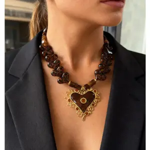 Wholesale 1 Piece Fashion Retro Stainless Steel Big Heart Resin Ball Bead 18K Gold Waterproof Non-Fading Women's Melad Style Autumn Winter Necklace