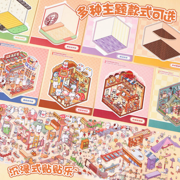 Wholesale Microscale Scene Sticker Collection This 3d Stereoscopic Cabin Landscape Sticker Book Creative Children's DIY Handmade Collage Book