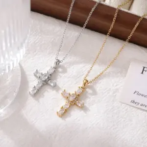 Ion Plating (IP) 16K Gold Platinum Real Gold Plated Cross 304 Stainless Steel Cute Rock Romantic Waterproof Non Tarnish 304 Stainless Steel Lobster Trigger Clasp Closure Pendant Necklace