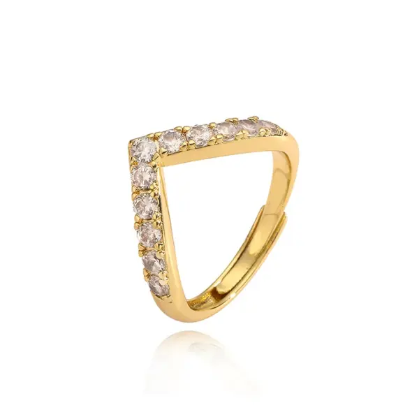 Wholesale Elegant Luxurious Shiny V Shape Copper Plating Inlay Zircon 18k Gold Plated Open Rings
