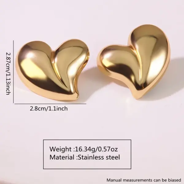 201 Stainless Steel 304 Stainless Steel Heart Shape Solid Color Electroplating Stone-Free Imitation Gold Simple Style Classic Style Gold Ear Studs