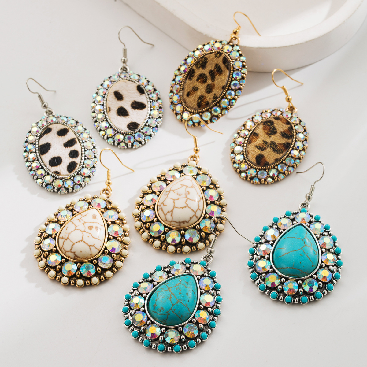 Wholesale Ethnic style white and turquoise earrings, retro and exaerated diamond-encrusted leopard print leather earrings