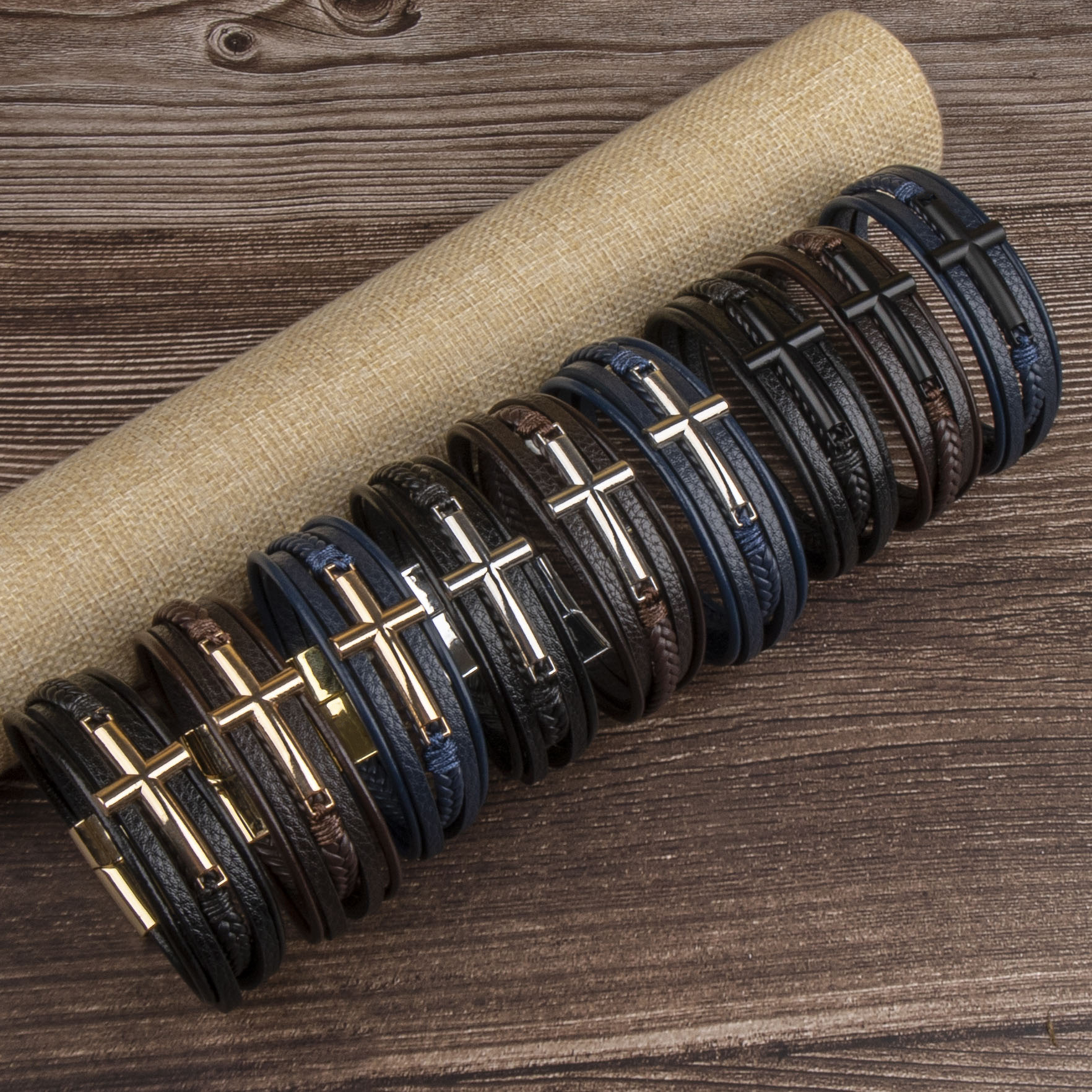 Wholesale Vintage alloy cross aessory magnet buckle leather bracelet