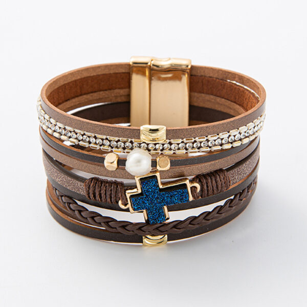 Wholesale Cross-border Hot Selling Jewelry Jewelry Bohemian Multi-layer Bracelet Woven Leather Cross Inlaid Pearl Bracelet