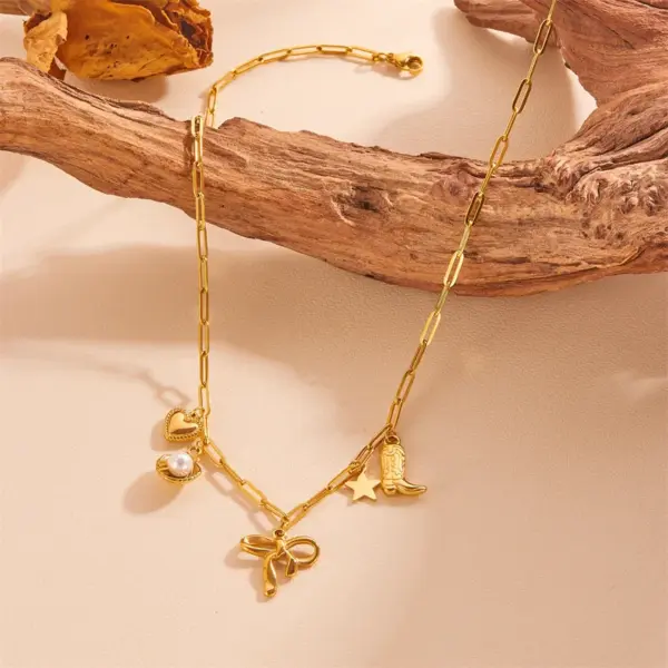 304 Stainless Steel Star Bow Knot Shell PVD Coated Pearl 18K Real Gold Plated Cute Sweet Waterproof Non Tarnish Hollow Out Inlay Cuban Link Chain Snake Chain Gold Pendant Necklace