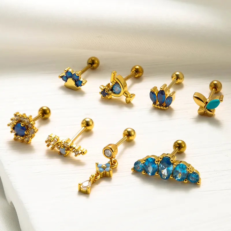 Wholesale 1 Piece Ear Cartilage Rings & Studs Sweet Crown Flower Butterfly 316L Stainless Steel Copper Waterproof Non Tarnish Surgical Steel Zirco