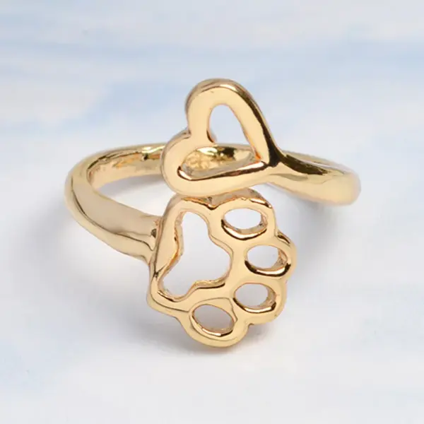 Wholesale PVD Coated Gold Plated Paw Print Heart Shape 304 Stainless Steel Simple Style Waterproof Non Tarnish Open Ring