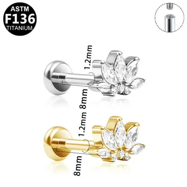 Wholesale 1 Piece Ear Cartilage Rings & Studs Simple Style Commute Geometric Pure Titanium Alloy Zircon Vacuum Plating 14K Gold Plated White Lip