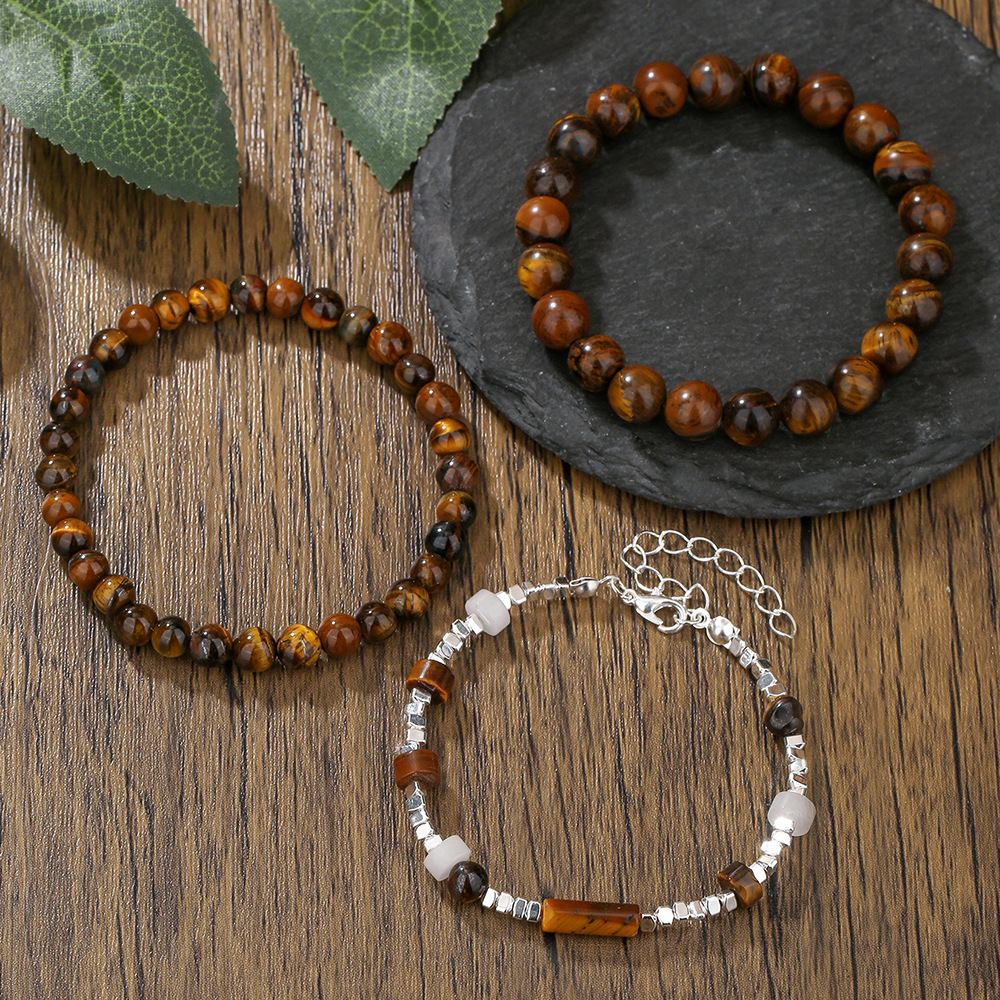 Wholesale Black Gallstone Broken Sier Tiger Eye Stone Beaded Bracelet for Women Niche Design Retro Elastic Bracelet Student Cole Bracelet