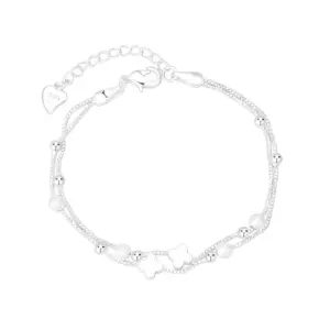 Double-Layer Four-Leaf Clover Lucky Beads Bracelet / Copper (White Gold Color)