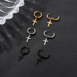 PVD Coated 18K Gold Real Gold Plated Cross 201 Stainless Steel Simple Style Waterproof Non Tarnish Dangling Earrings
