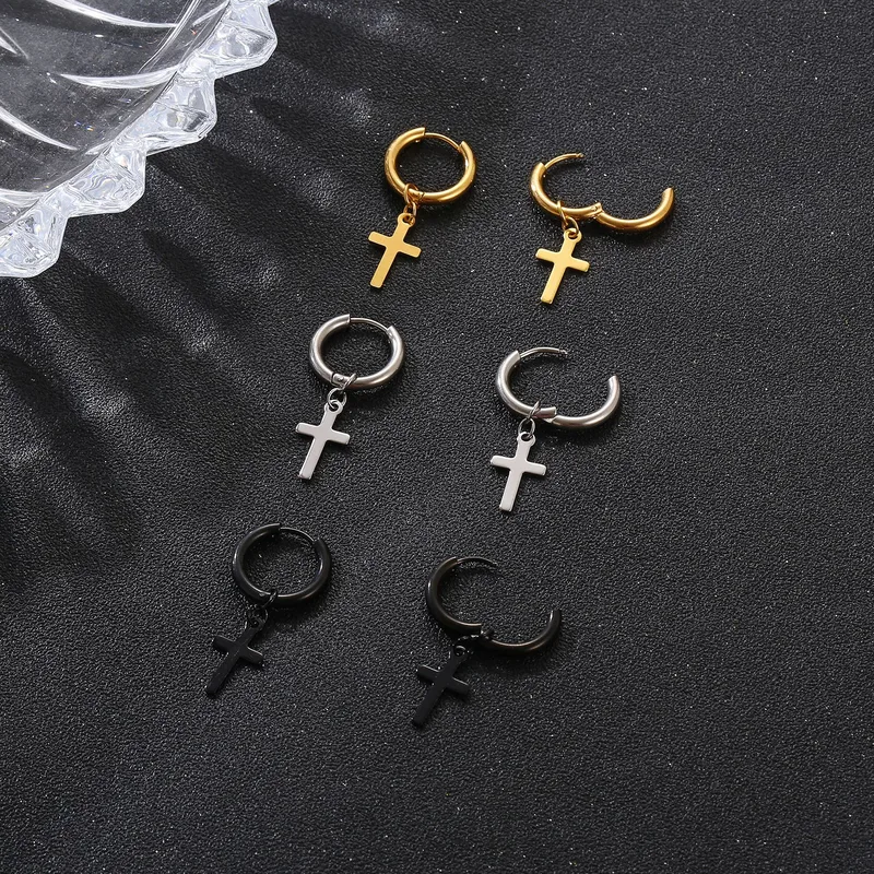 Wholesale PVD Coated 18K Gold Real Gold Plated Cross 201 Stainless Steel Simple Style Waterproof Non Tarnish Dangling Earrings