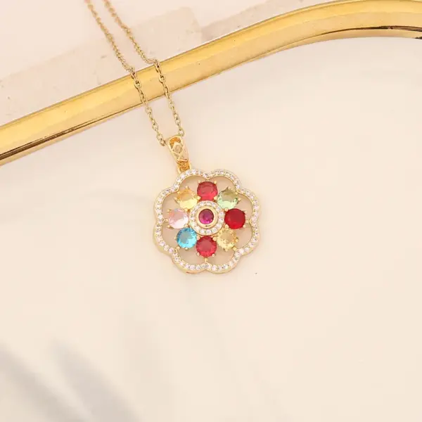 Wholesale Stainless Steel Rainbow Flower PVD Coated Zircon 18K Gold Real Gold Plated Cute Waterproof Non Tarnish Cable Chain Colorful Necklace