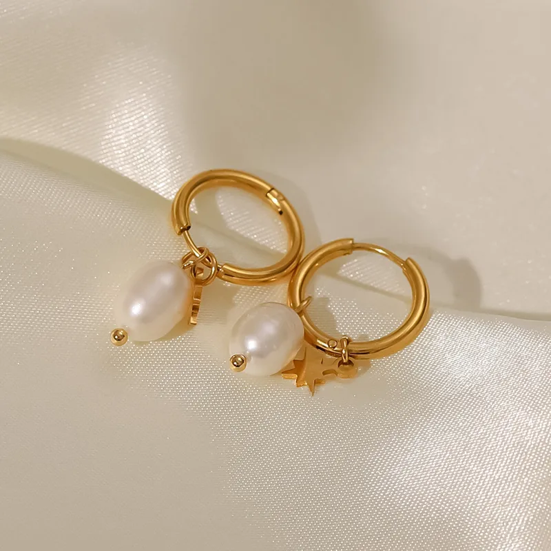 Wholesale 1 Pair Fashion Geometric Star Pearl 304 Stainless Steel PVD Coated Drop Earrings