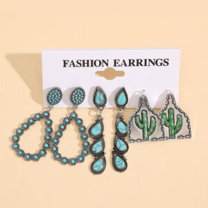 Wholesale Western style retro teardrop-shaped turquoise alloy earring set