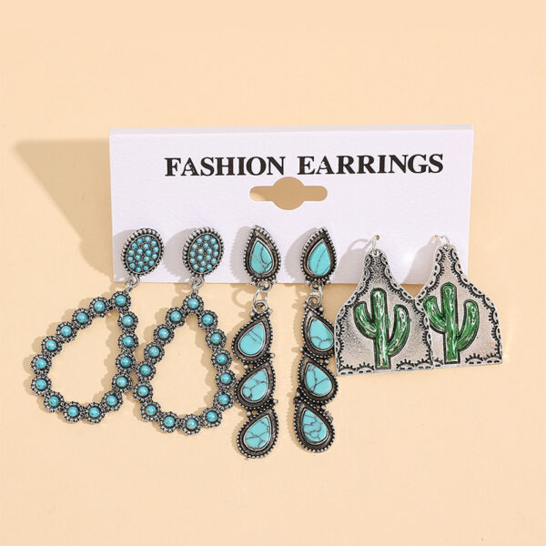 Wholesale Western style retro teardrop-shaped turquoise alloy earring set