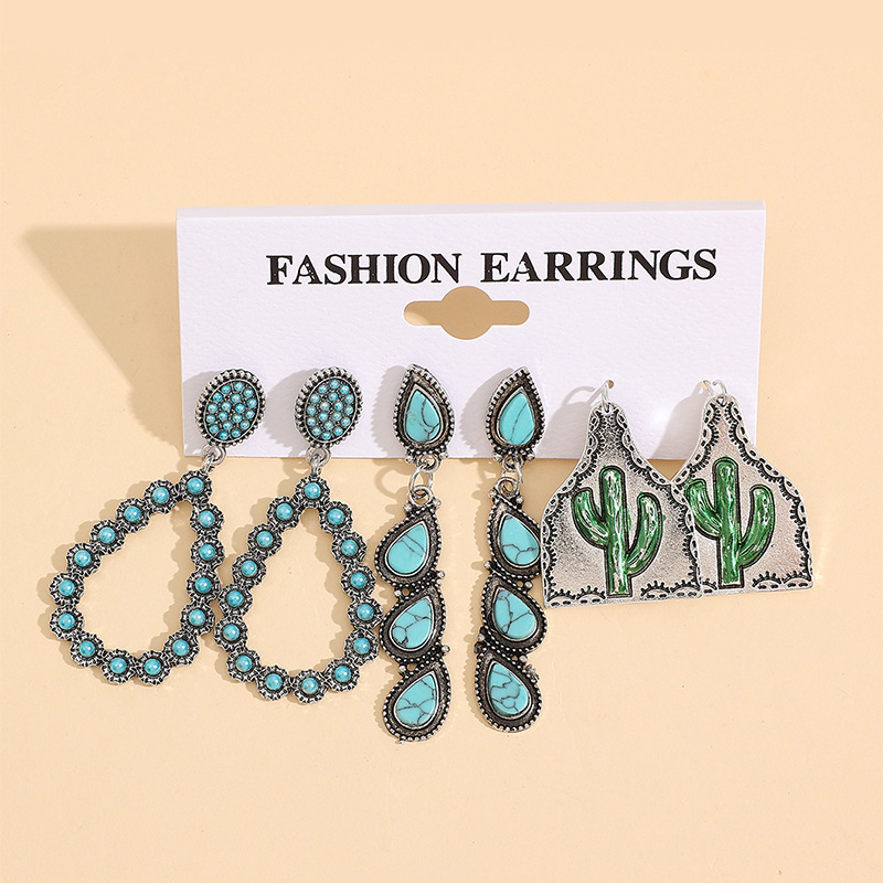 Wholesale Western style retro tearop-shaped turquoise alloy earring set