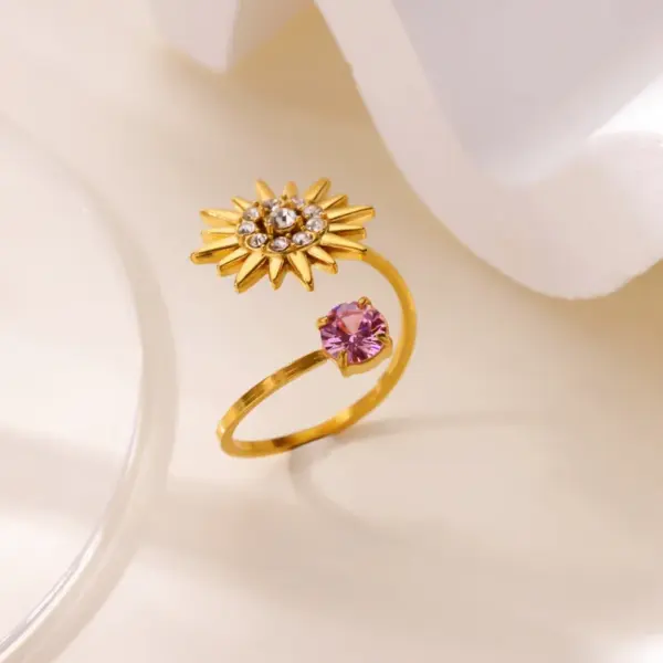 18K Gold Plated 304 Stainless Steel Vacuum Electroplating (In Furnace) Zircon Heart-shaped Flower Medical Steel Hypoallergenic Open Ring Beautiful Ring Valentine's Day Gift Jewelry