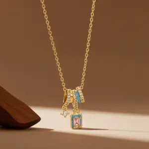 X08287 [Copper Pendant] Geometric Pink Diamond - Necklace - / Gold