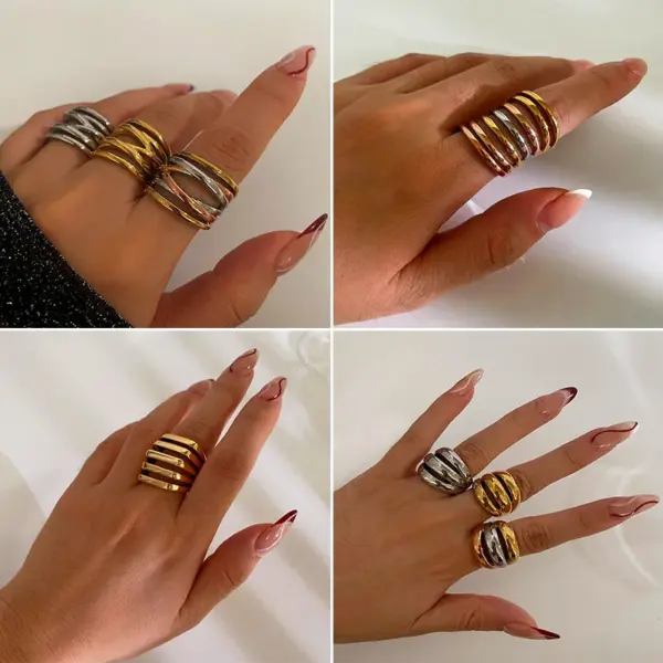 Wholesale 304 Stainless Steel Geometric PVD Coated Real Gold Plated Novelty IG Style Waterproof Non Tarnish Criss Cross Surgical Steel Gold Silver Rings