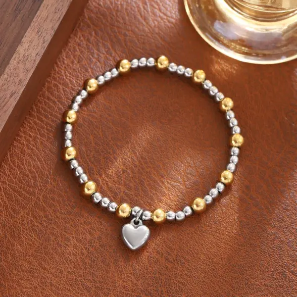 Wholesale Fashionable Stainless Steel Heart Pendant Bracelet For Women Gold Plated Beaded Jewelry Suitable Daily Wear Ideal Valentine's Day Mother's Gift