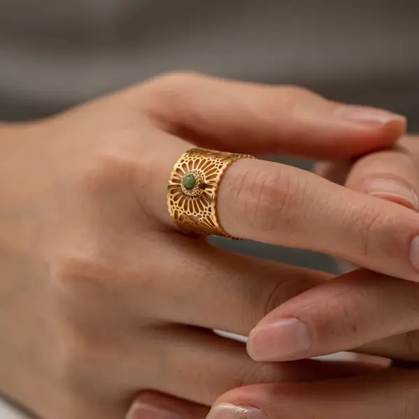 Wholesale Jewelry Fashion Round 304 Stainless Steel Natural Stone PVD Coated Plating Inlay Open Ring