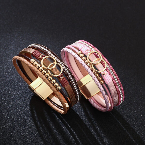 Wholesale PU leather colorful ring gold bead hand-woven leather bracelet