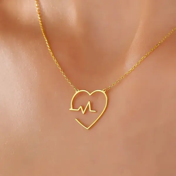 Wholesale 304 Stainless Steel Electrocardiogram Heart Shape Ion Plating (IP) 18K Real Gold Plated Elegant Waterproof Non Tarnish Cable Chain Gold Pendant Necklace
