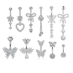 Wholesale European And American Style Belly Button Ring Heart Butterfly Flower Zircon Belly Button Stud Trendy Body Piercing Jewelry Unisex Simple Style