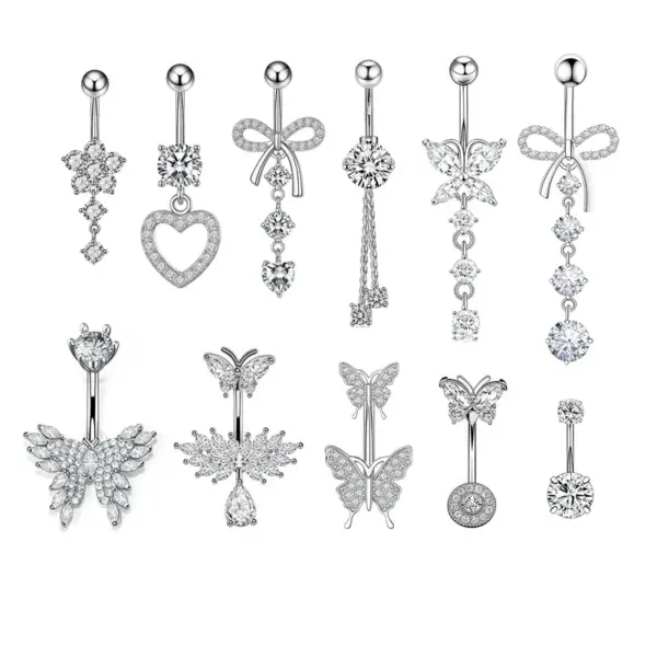 Wholesale European And American Style Belly Button Ring Heart Butterfly Flower Zircon Belly Button Stud Trendy Body Piercing Jewelry Unisex Simple Style