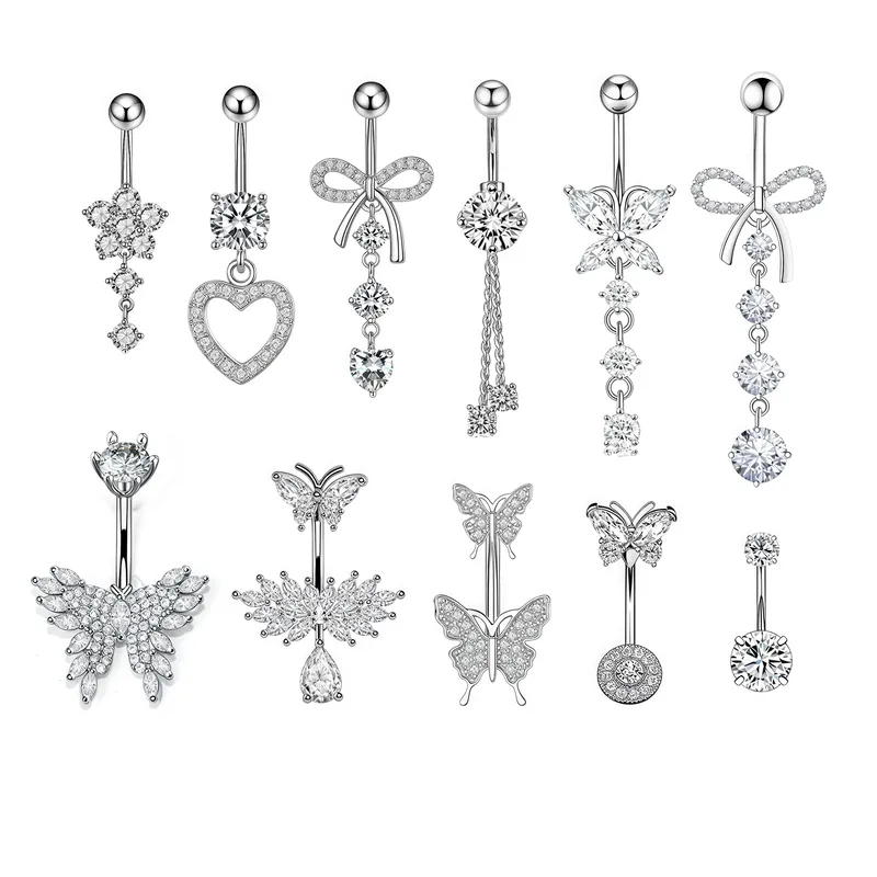 Wholesale European And American Style Belly Button Ring Heart Butterfly Flower Zircon Belly Button Stud Trendy Body Piercing Jewelry Unisex Simple Sty