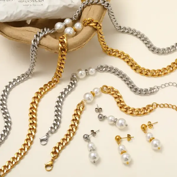 Wholesale Vacuum Electroplating (In Furnace) Plated 18K Real Gold 303201 Stainless Steel Pearl Elegant Vintage Romantic Jewelry Set