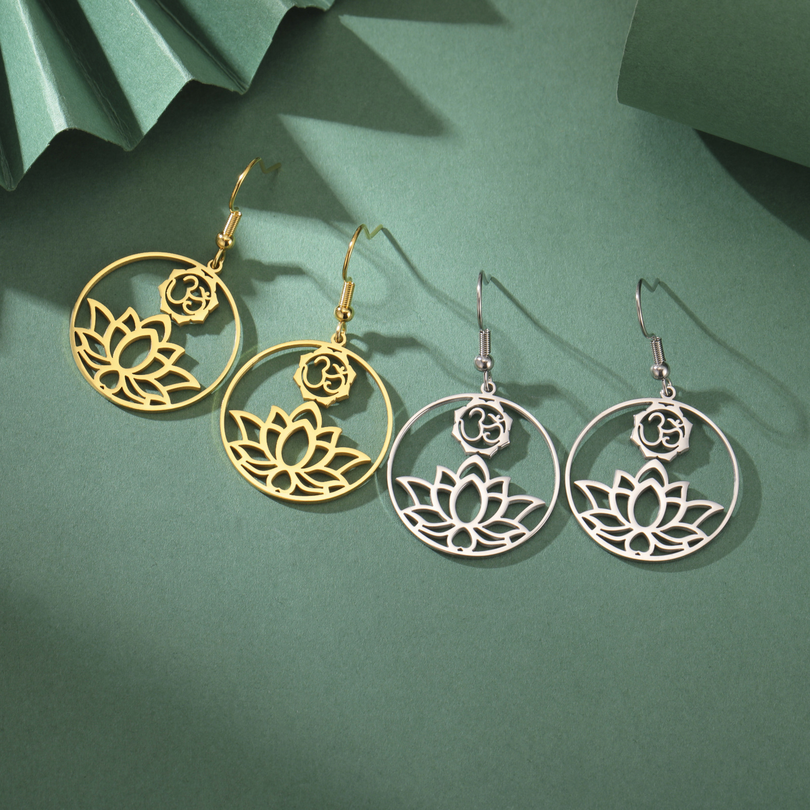 Wholesale Hot-Selling Fashion Minimalist Cut-Out Lotus Yoga Symbol Pendant Stainless Steel Earrings for Foreign Trade Exrt