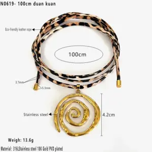 Gold 100cm Leather Leopard Spiral Necklace / One Size