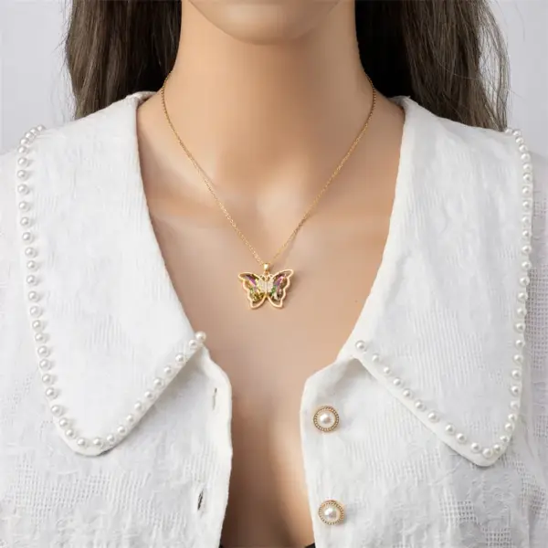Simple Style Butterfly Stainless Steel Copper Artificial Diamond Crystal Glass Bead 18k Gold Plated Pendant Necklace
