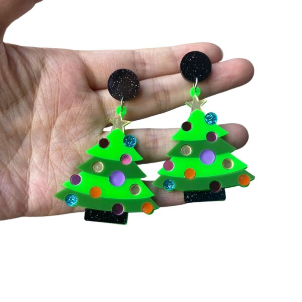 Wholesale Christmas acrylic earrings with colorful patchwork green and pink Christmas tree design
