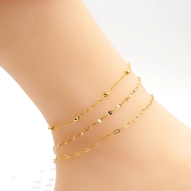 Wholesale Solid Color Vacuum Plating Real Gold Plated Casual Simple Style Classic Style Waterproof Non Tarnish Chain Gold Anklet