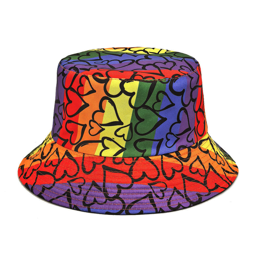 Wholesale Fashion love color matching pattern printing fisherman hat cross-border women's outdoor travel sunshade hat double-sided wearable basin hat