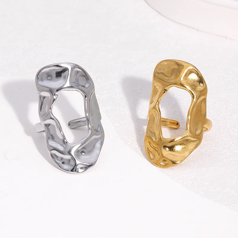 Wholesale 18K Gold Plated 304 Stainless Steel Vacuum Electroplating (In-Furnace) Open Ring Irregular Wide Version Titanium Steel Jewelry Non-Fading Si