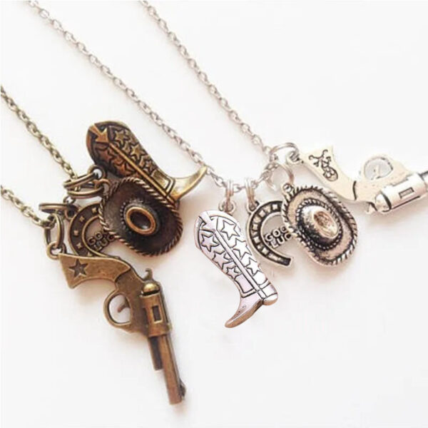 Wholesale Vintage silver Bronze Cowboy Hat Boots Gun Horseshoe Necklace Denim Jewelry Texas Farm Necklace