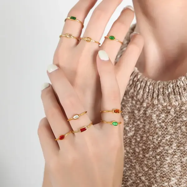 Wholesale 304 Stainless Steel Square Oval PVD Coated Glass Stone Zircon 18K Real Gold Plated Real Gold Plated Simple Style Waterproof Non Tarnish Plating Inlay Gold Rings